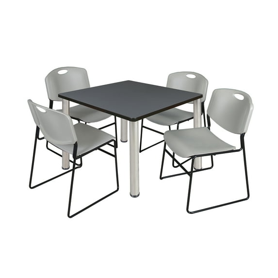 Regency Kee 36 in Square Breakroom Table- Grey Top, Chrome Legs, 4 Zeng Stack Chairs- Grey