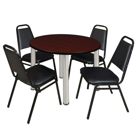 Regency 42 Round Breakroom Table- Mahogany Top, Chrome Legs, 4 Restaurant Stack Chairs