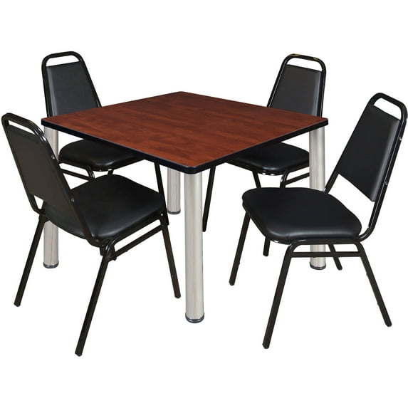 Kee 42" Square Breakroom Table- Cherry/ Chrome & 4 Restaurant Stack Chairs- Black