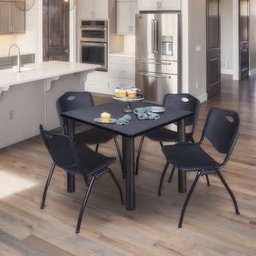 Regency Kee 42 in Square Breakroom Table- Grey Top, Black Legs, 4 M Stack Chairs- Black