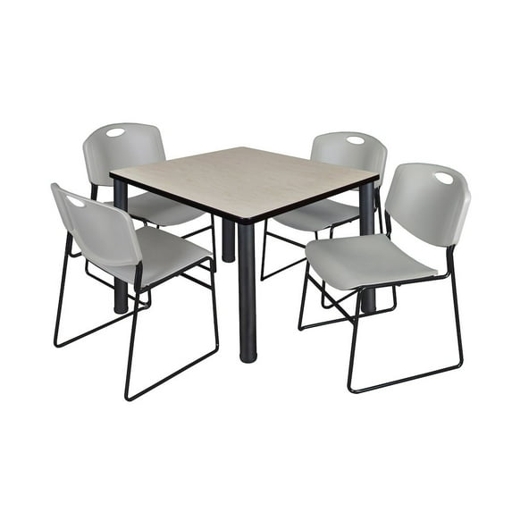 Regency 42 in Square Breakroom Table- Maple Top, Black Legs, 4 Zeng Stack Chairs- Grey