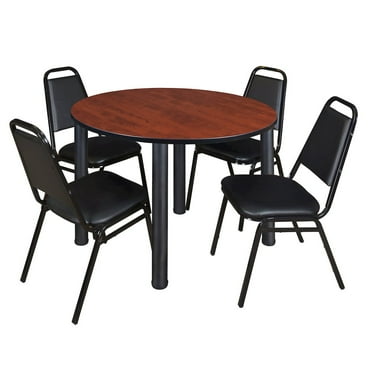 Regency 48 in Round Breakroom Table- Cherry Top, Black Legs, 4 Restaurant Stack Chairs