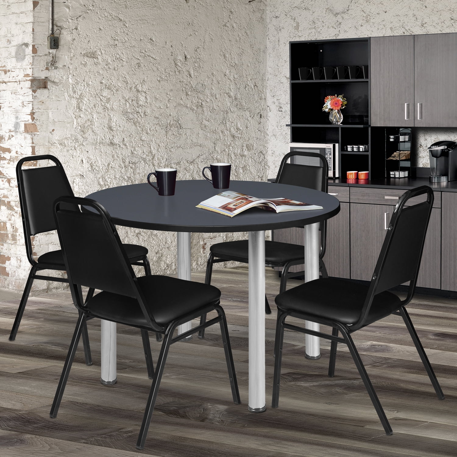 Modern 48" Round Black Laminate Table with Chrome Legs