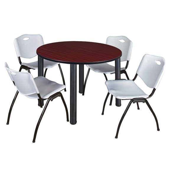 Regency 48 in Round Breakroom Table- Mahogany Top, Black Legs, 4 M Stack Chairs- Grey