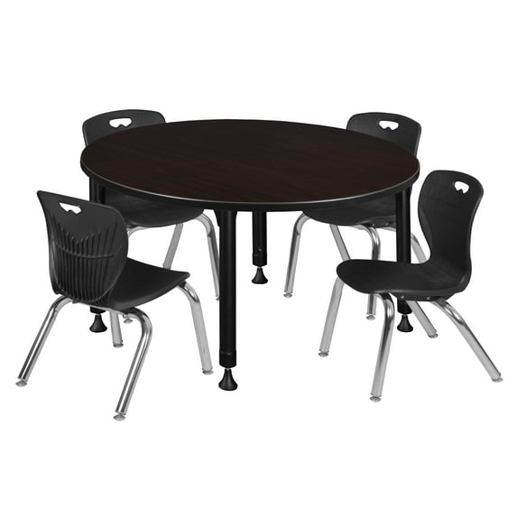 Kee 48" Round Height Adjustable Classroom Table - Mocha Walnut & 4 Andy 12-in Stack Chairs- Black