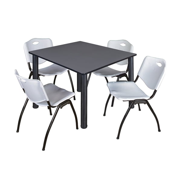 Regency 48 in Square Breakroom Table- Grey Top, Black Legs, 4 M Stack Chairs- Grey