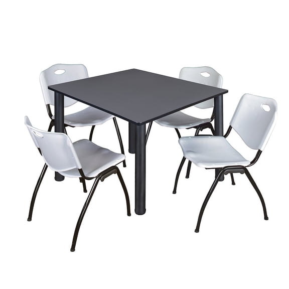 Regency 48 in Square Breakroom Table- Grey Top, Black Legs, 4 M Stack Chairs- Grey