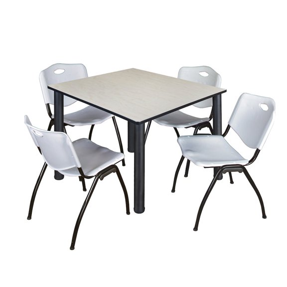 Kee 48" Square Breakroom Table- Maple/ Black & 4 'M' Stack Chairs- Grey