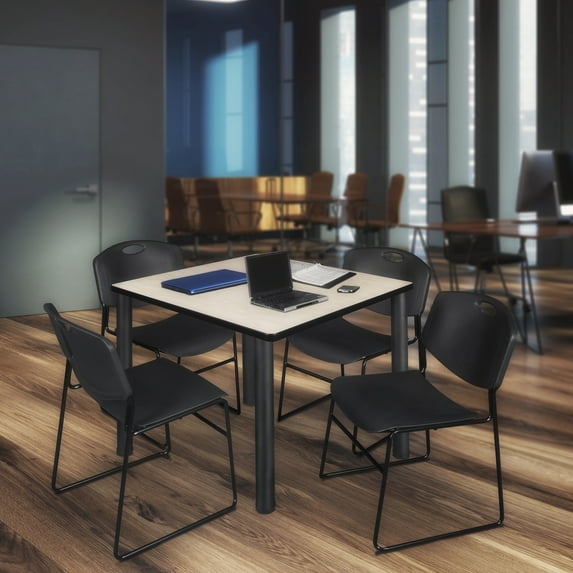 Kee 48" Square Breakroom Table- Maple/ Black & 4 Zeng Stack Chairs- Black