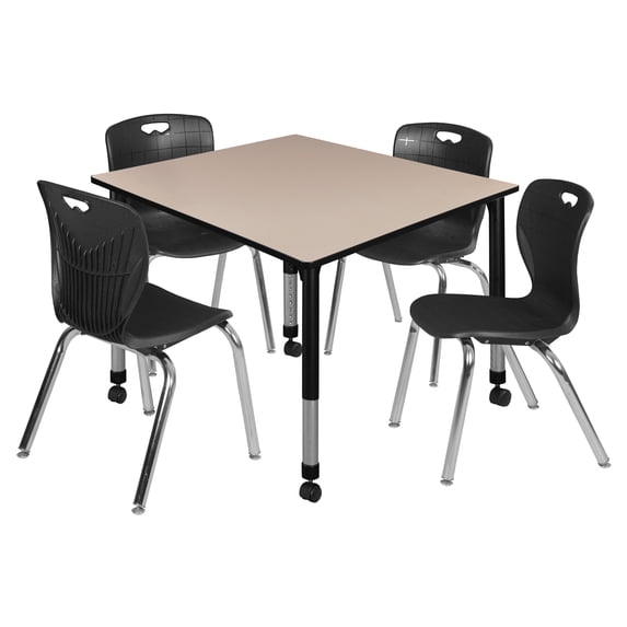 Regency Kee 48" Square Height Adjustable Mobile Classroom Table - Beige & 4 Andy 18-in Stack Chairs- Black