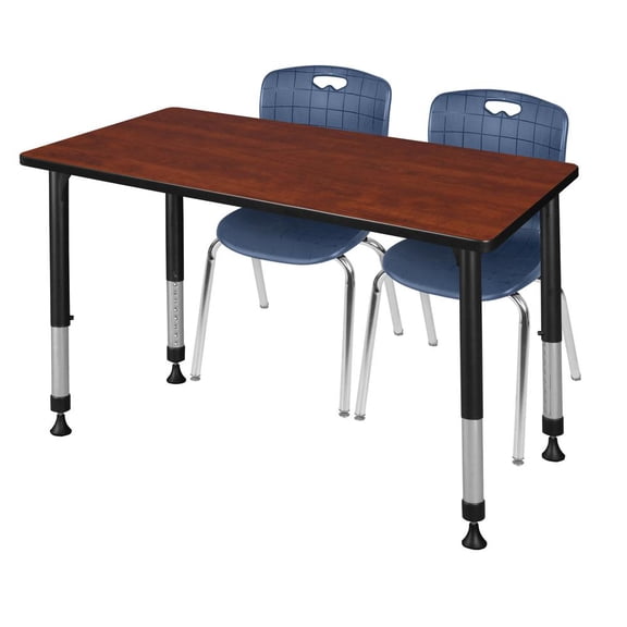 Regency Kee 48" x 30" Height Adjustable Classroom Table - Cherry & 2 Andy 18-in Stack Chairs- Navy Blue