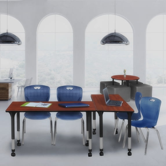 Regency Kee 48" x 24" Height Adjustable Mobile Classroom Table - Cherry & 2 Andy 18-in Stack Chairs- Navy Blue