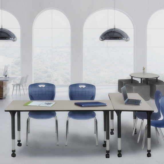 Kee 66" x 30" Height Adjustable Mobile Classroom Table - Maple & 2 Andy 18-in Stack Chairs- Navy Blue