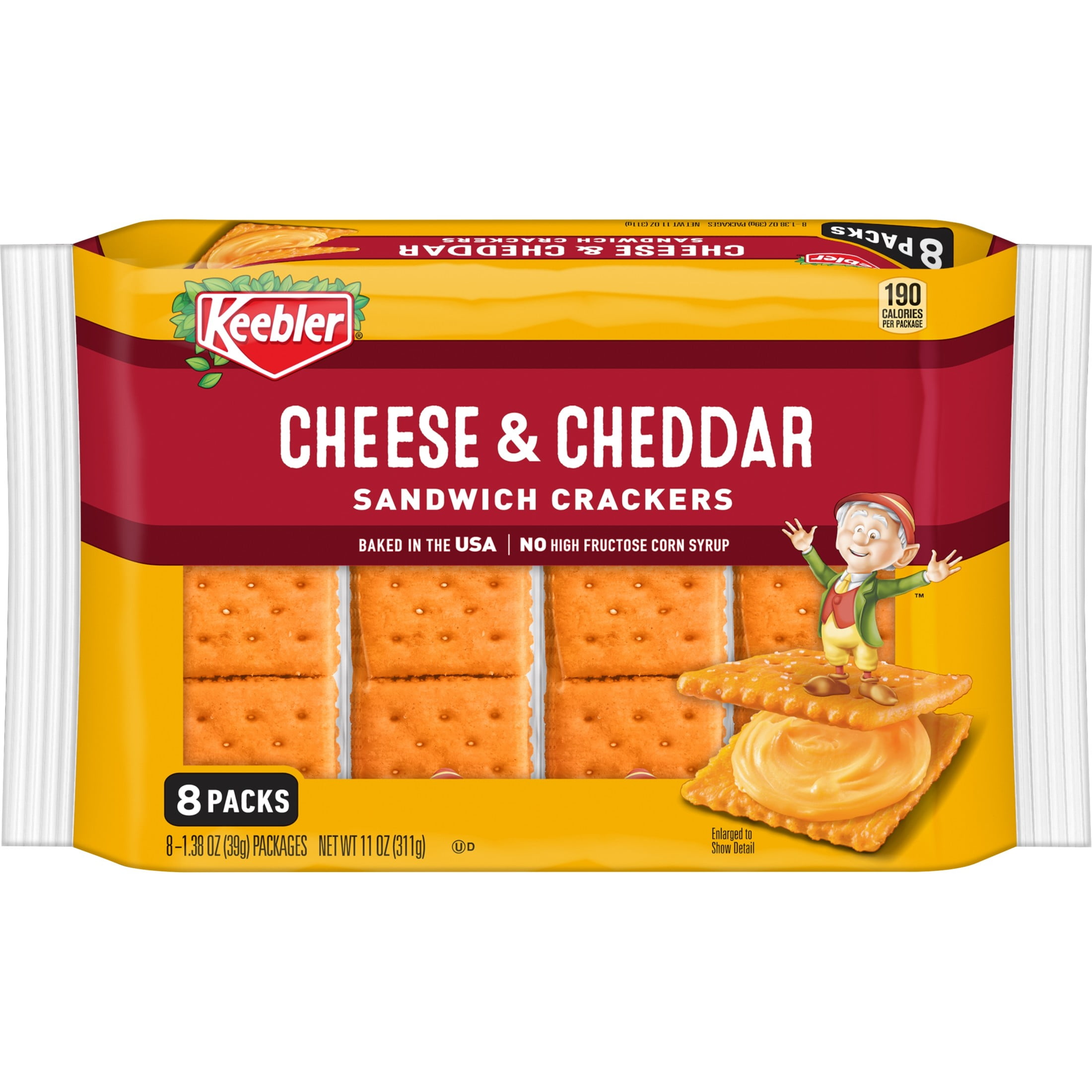 Keebler Cheese and Cheddar Sandwich Crackers, Single Serve Snack Crackers, 8 Count