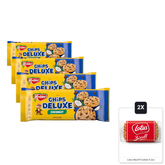 Keebler Chips Deluxe Coconut Cookies, 9.45Oz (Pack Of 4) & 2x Lotus Biscoff Cookies 0.2oz