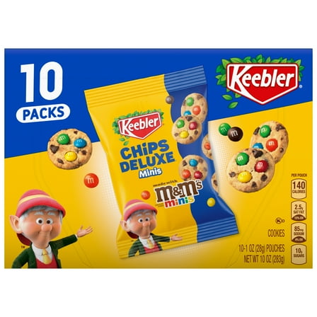 Keebler Chips Deluxe Minis Made with M&M’s, Chocolate Chip Cookies, 1 oz Pouches, 10 Count