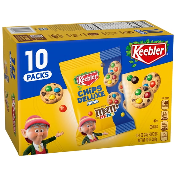 Keebler Chips Deluxe Minis Made with M&M’s, Chocolate Chip Cookies, 1 oz Pouches, 10 Count