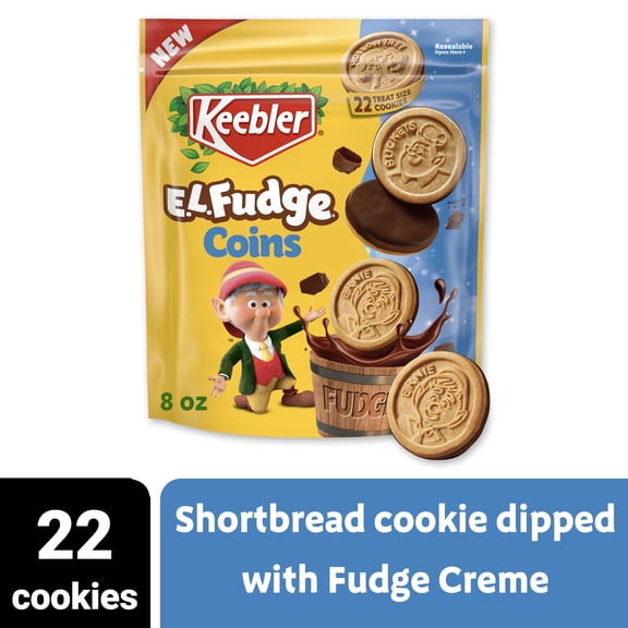Keebler E.L. Fudge Coins Cookies, Vanilla Shortbread Cookies with Fudge, Resealable Stand-up Bag, 8 oz