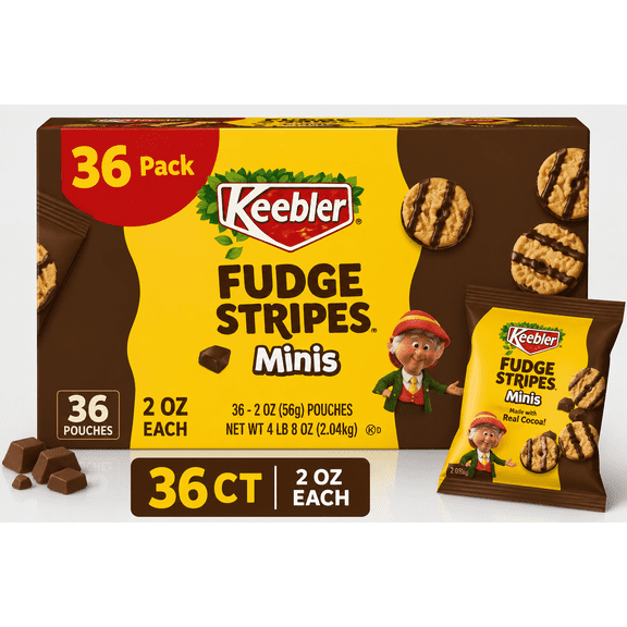 Keebler Fudge Stripes Minis Original Cookies, 2 oz Pouches, 36 Count Multipack