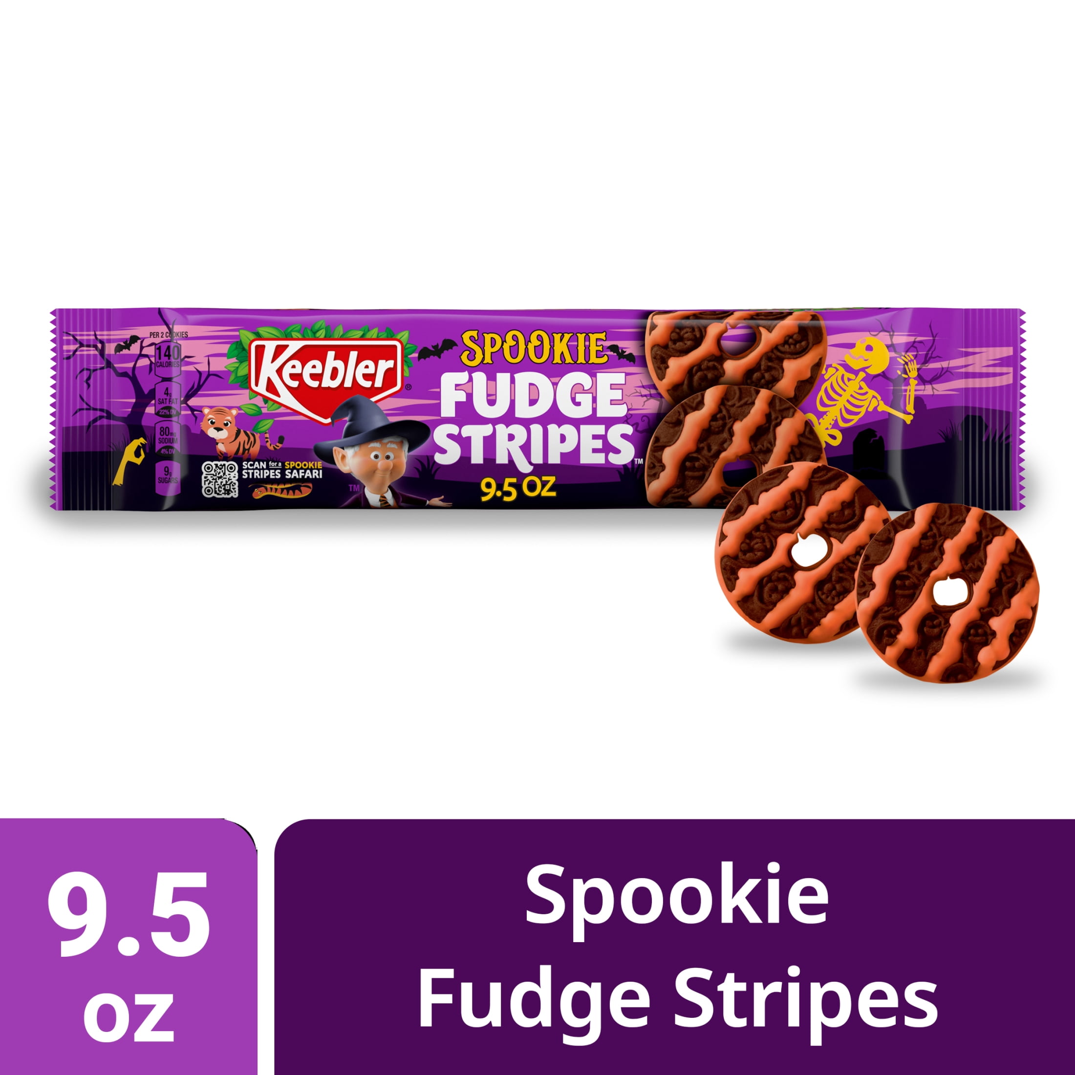 Keebler Spookie Fudge Stripes, Halloween Candy, Chocolatey Vanilla-Flavored Cookies with Orange Stripes, 9.5 oz