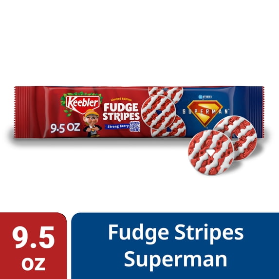 Keebler Superman Fudge Stripes Cookies, Strong Berry Flavor, Sweet Treat Pack, 9.5 oz
