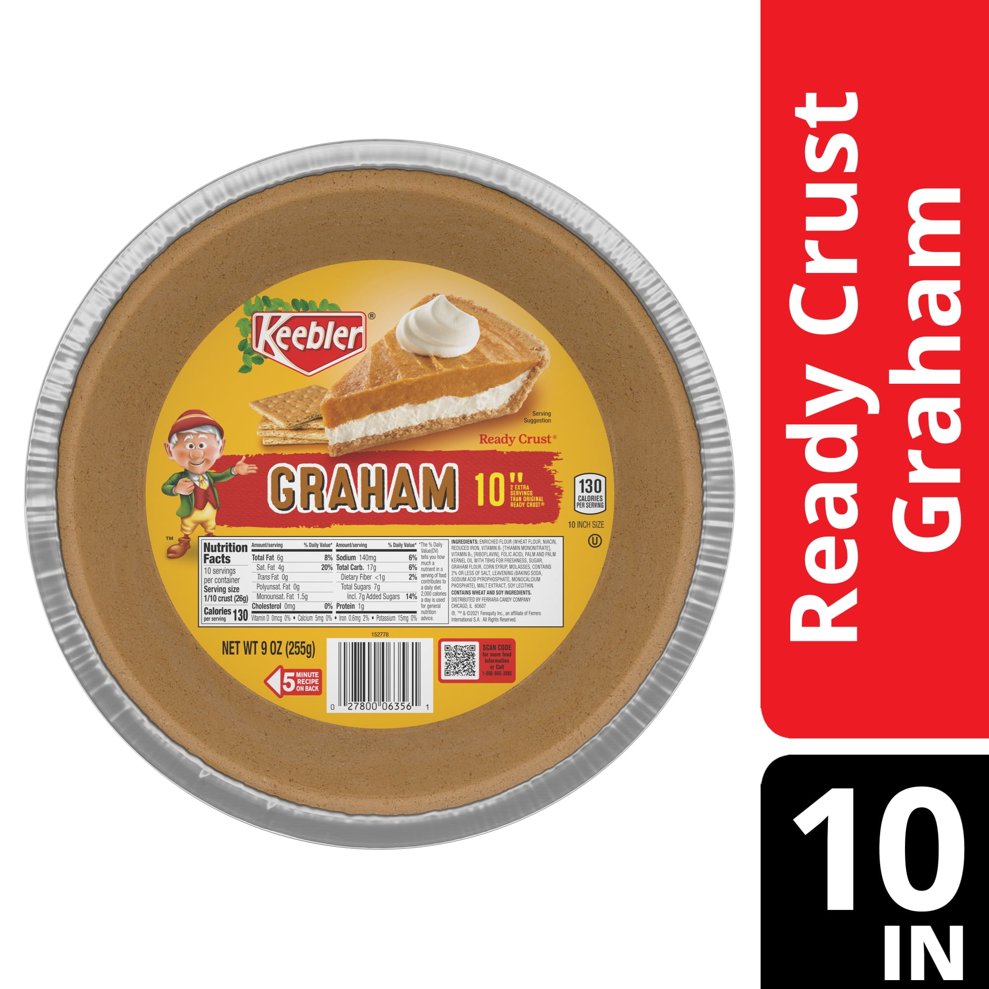 Keebler Ready Crust 10-Inch Graham Cracker Pie Crust, Premade Pie Crust For Baking And No-Bake, 9 oz