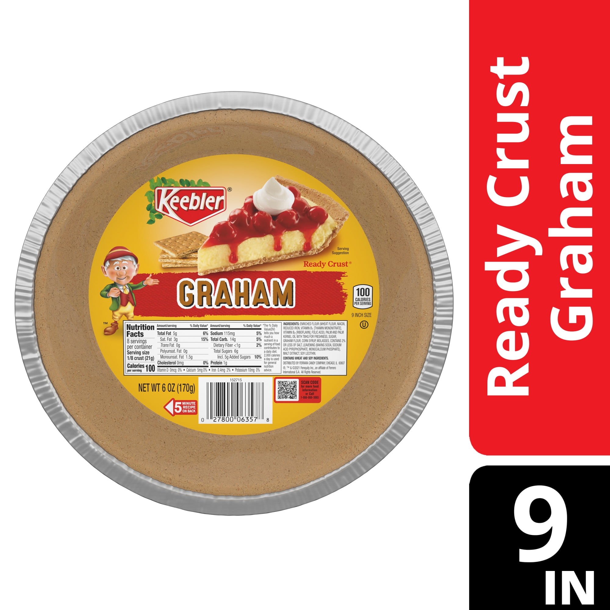 Keebler Ready Crust 9-Inch Graham Cracker Pie Crust, Premade Pie Crust For Baking And No-Bake, 6 oz