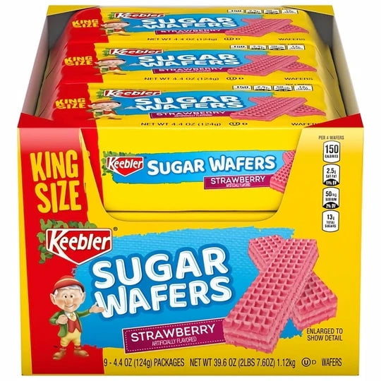 Keebler King Size Sugar Wafers Strawberry  9 Packs, Sweet Crispy Wafer Cookies, 4.4 oz Each