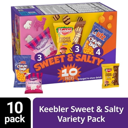 Keebler Sweet & Salty Variety Pack, 10-Count Box, Mother’s Circus, Keebler Fudge Stripes, and Utz Cheese Balls, 10 oz ( 3 Box )