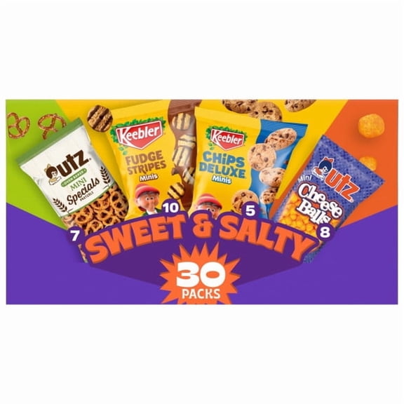 Keebler Sweet & Salty Variety Pack, 30-Count Box, Includes Keebler Chips Deluxe, Fudge Stripes, Utz Mini Pretzels and Cheese Balls, 31 oz