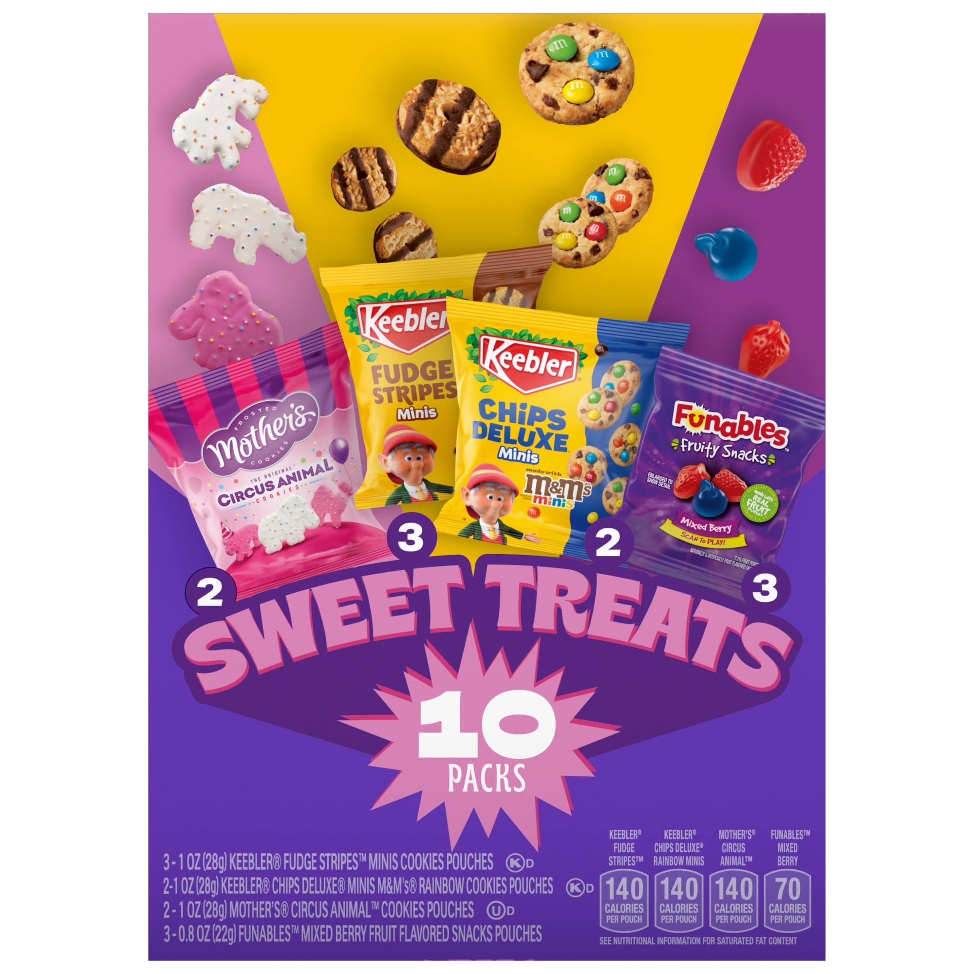 Keebler Sweet Treat Variety Pack, 10-Count Box, Includes Chips Deluxe, Funables, Fudge Stripes, and Mother's Circus Animal Cookies, 9.4 oz