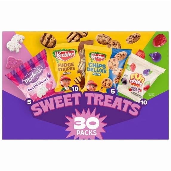 Keebler Sweet Treat Variety Pack, 30-Count Box, Includes Chips Deluxe, Funables, Fudge Stripes, and Mother's Circus Animal Cookies, 29 oz
