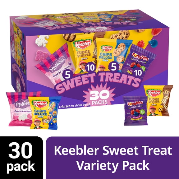 Keebler Sweet Treat Variety Pack, 30-Count Box, Includes Chips Deluxe, Funables, Fudge Stripes, and Mother's Circus Animal Cookies, 29 oz