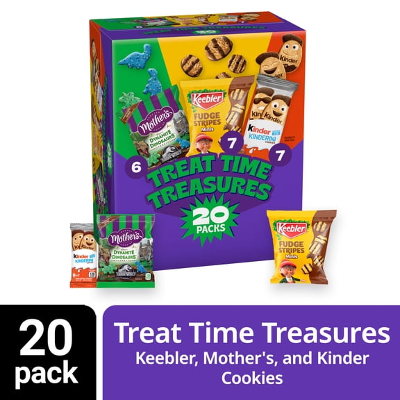 Keebler Fudge Stripes Mini Original Cookies, Mother's Chocolatey Dynamite Dinosaurs Cookies, Kinderini Cookies, Treat Time Treasures Variety Pack, 20 Pack, 18.6 oz