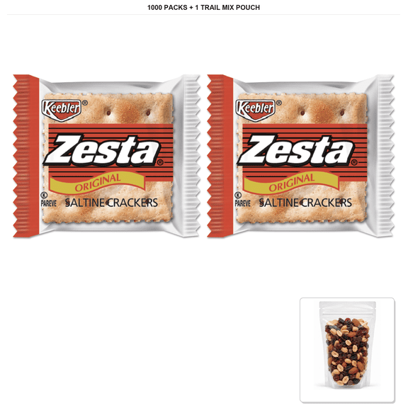 Keebler Zesta Saltine Crackers, 2 Crackers/Pack, 1000 Packs/Carton with 1 Bybies Trail Mix Pouch, 2 oz