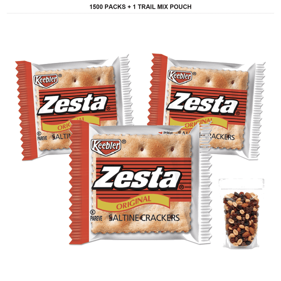 Keebler Zesta Saltine Crackers, 2 Crackers/Pack, 1500 Packs/Carton with 1 Bybies Trail Mix Pouch, 2 oz
