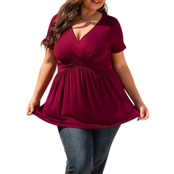 Keeccty Casual Ruched V-Neck Plus Size Women's Short Sleeve Summer Top T-Shirt