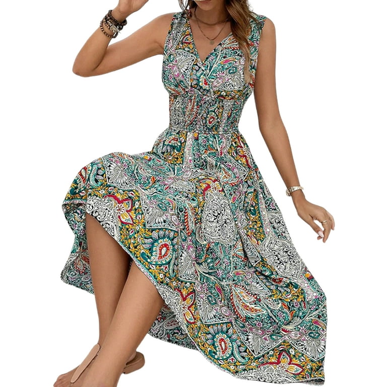 Printed V-Neck High-Waist Sleeveless Dress Printed V-Neck High-Waist Sleeveless Dress