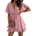 thumbnail image 1 of Keeccty Sexy V-Neck Sashes Ruffle Hem Chiffon Dress For Women, 1 of 7