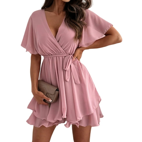 Keeccty Sexy V-Neck Sashes Ruffle Hem Chiffon Dress For Women