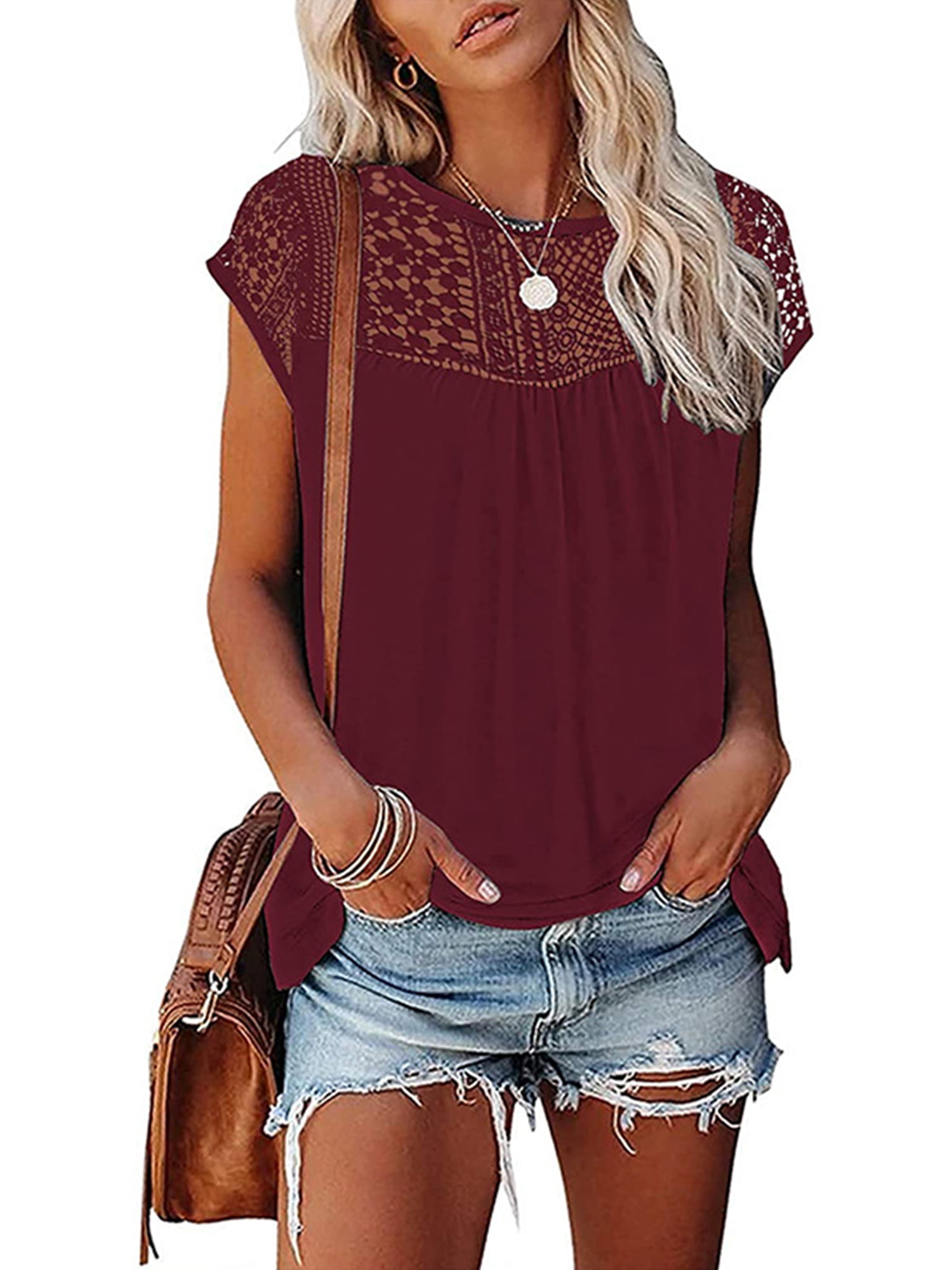 Keeccty Women Cap Sleeve Basic Plain Summer Lace T-Shirts - Walmart.com