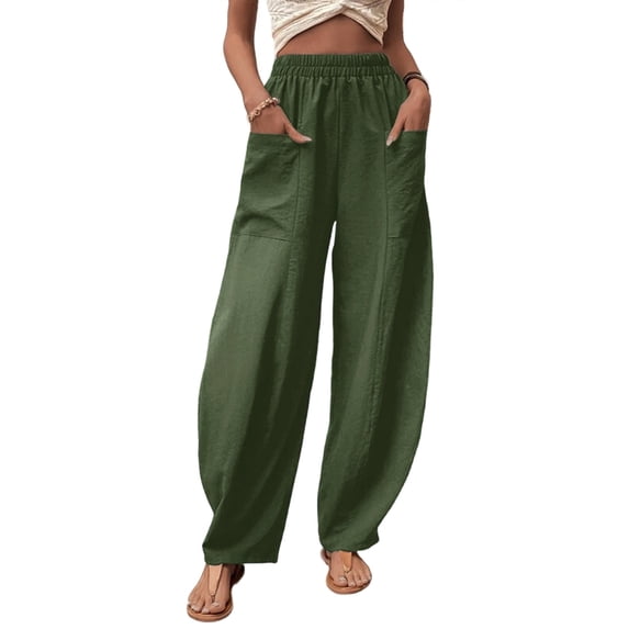 Keeccty Women Casual Pants Cotton Hemp Slacks Elastic Waist Pocket Wide Leg Pants