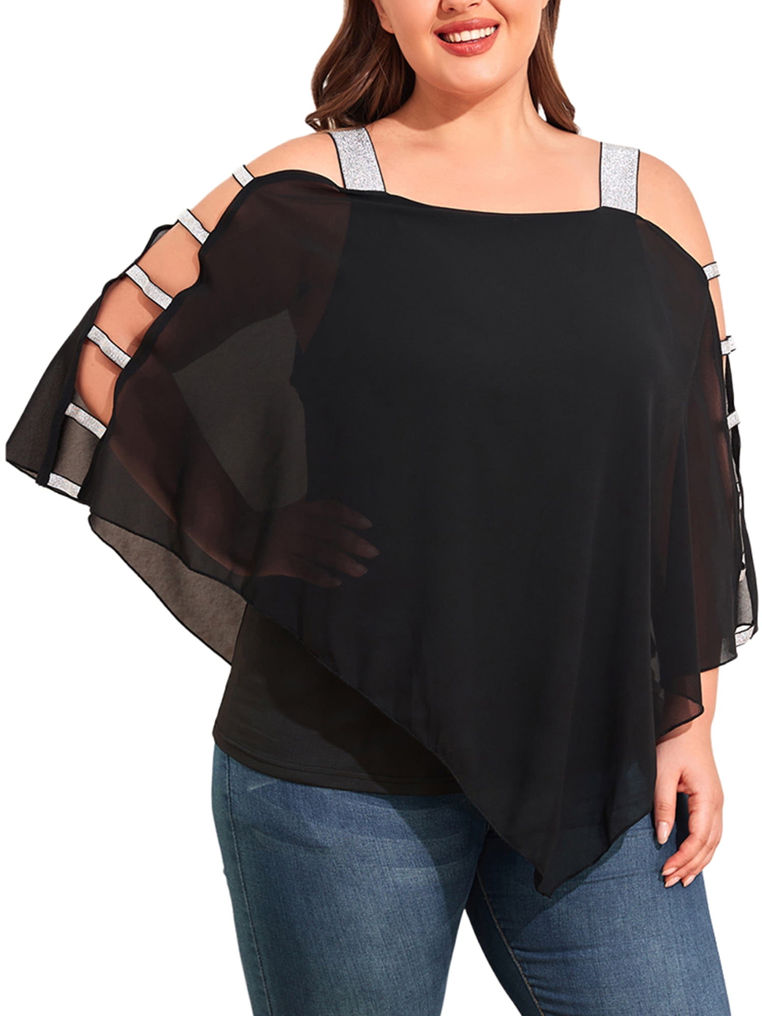 Keeccty Women Cutout Dolman Sleeve Chiffon Blouse Tops Plus Size 