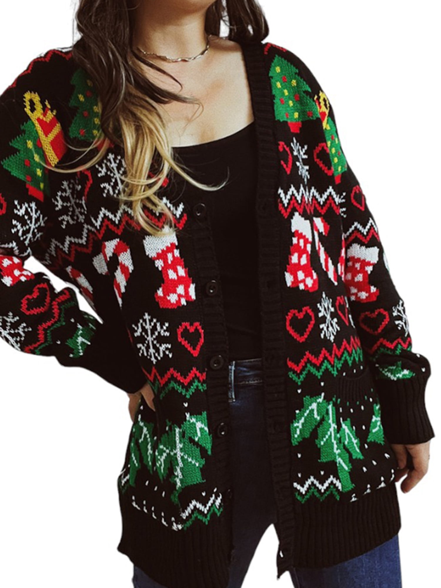 Keeccty Women Knitted OpenFront Tops Ugly Christmas Sweater Cardigan