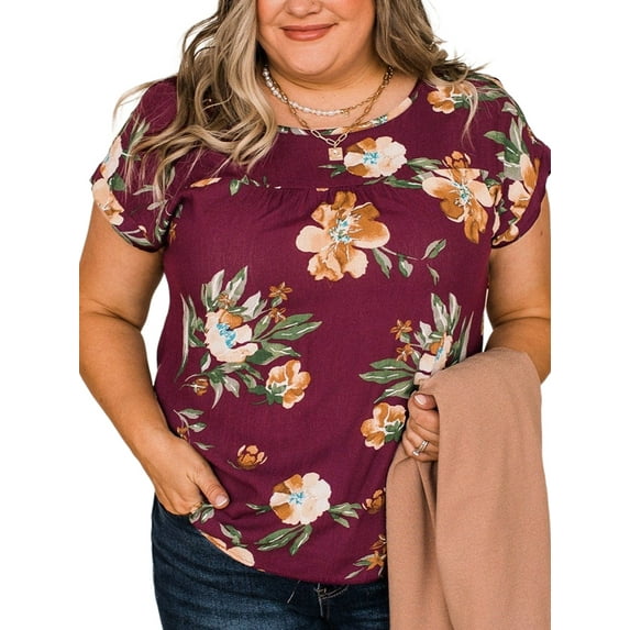 Keeccty Women Oversized Ruched Print Short Sleeve T-Shirt Plus Size Blouse XL-6XL