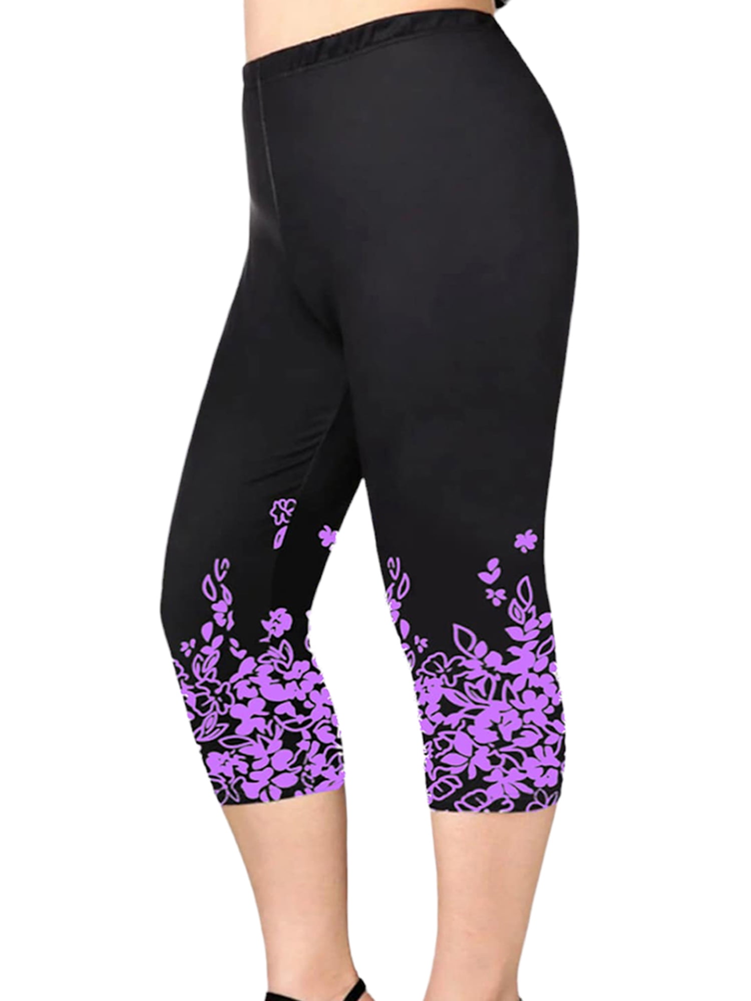 Keeccty Women Plus Size Elastic Waist Leggings Floral Printed Skinny  Calf-Length Pants 