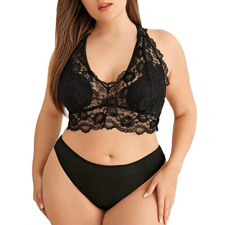 Plus Size Halter Lace Lingerie Set For Women Sexy Black Lace Bra