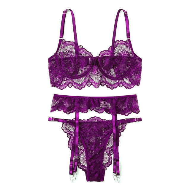 Keeccty Women Sexy Lace Solid 2PCs Lingerie Set