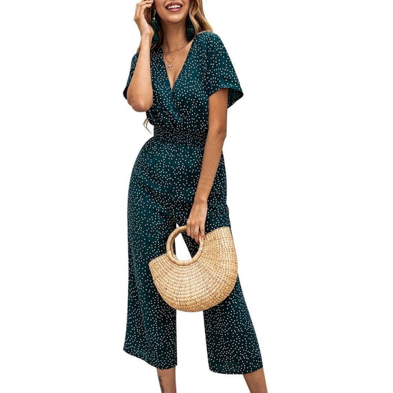 Keeccty Women Short Sleeve V-Neck Floral Print Elastic Waist Jumpsuit