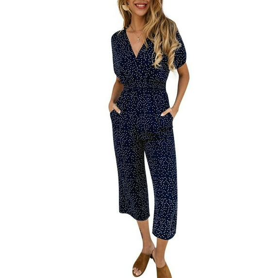 Keeccty Women Short Sleeve V-Neck Floral Print Elastic Waist Jumpsuit